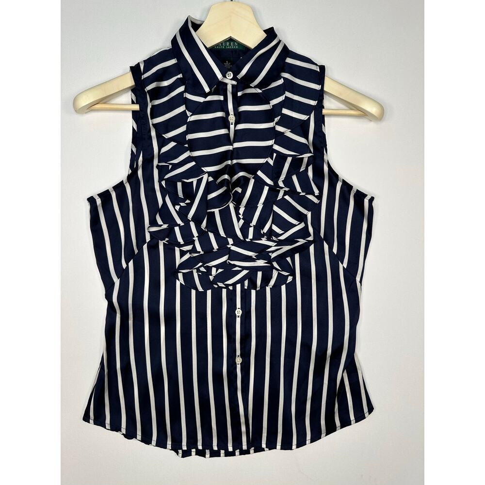 LAUREN Ralph Lauren Striped Sleeveless Ruffle Front Blouse Top Size 4